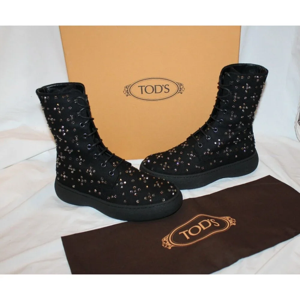 TOD'S Women’s WIN.GOMMINI 09J Rhinestone Lace Up Mid-Calf Combat Boots Black 37